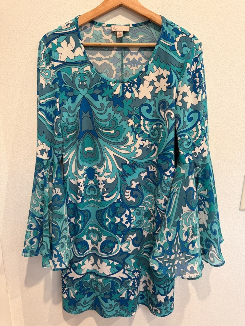 Christopher & Banks vintage Blue Teal Patterned Bell-Sleeve Dress